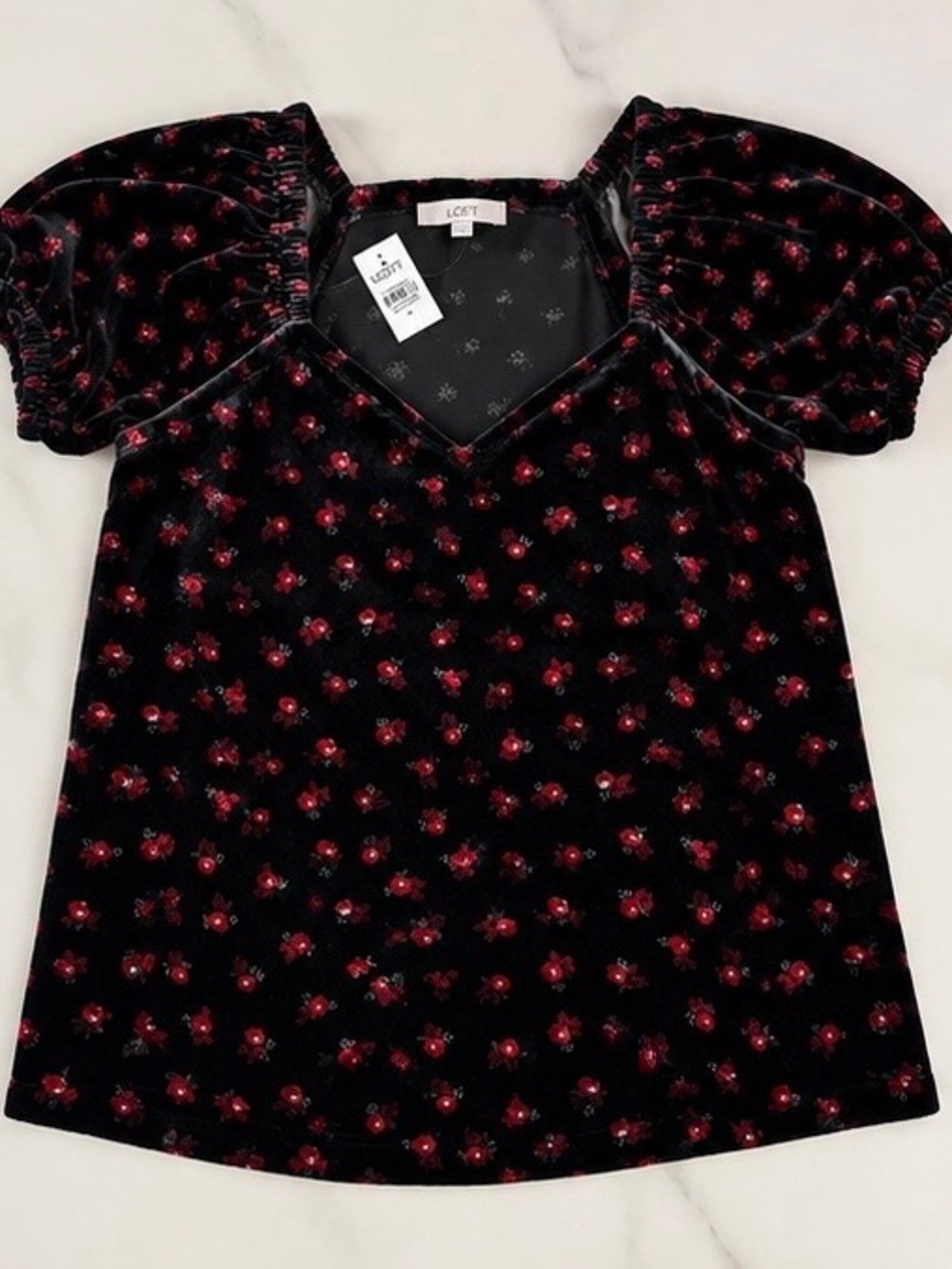 LOFT Black Velvet Puff-Sleeve Top with Red Floral Motif